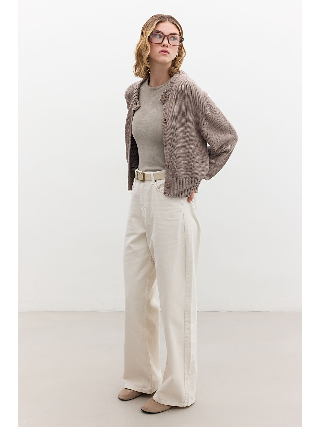 Bej Pamuklu Triko Hırka Vizon-3