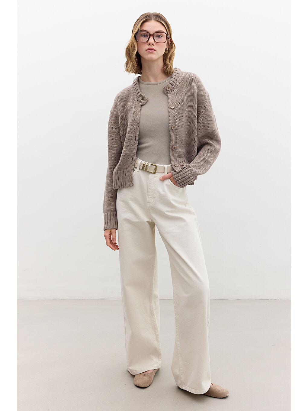 Bej Pamuklu Triko Hırka Vizon-4