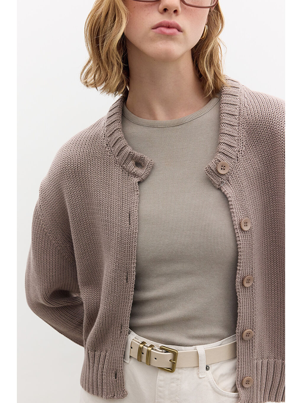 Bej Pamuklu Triko Hırka Vizon-5