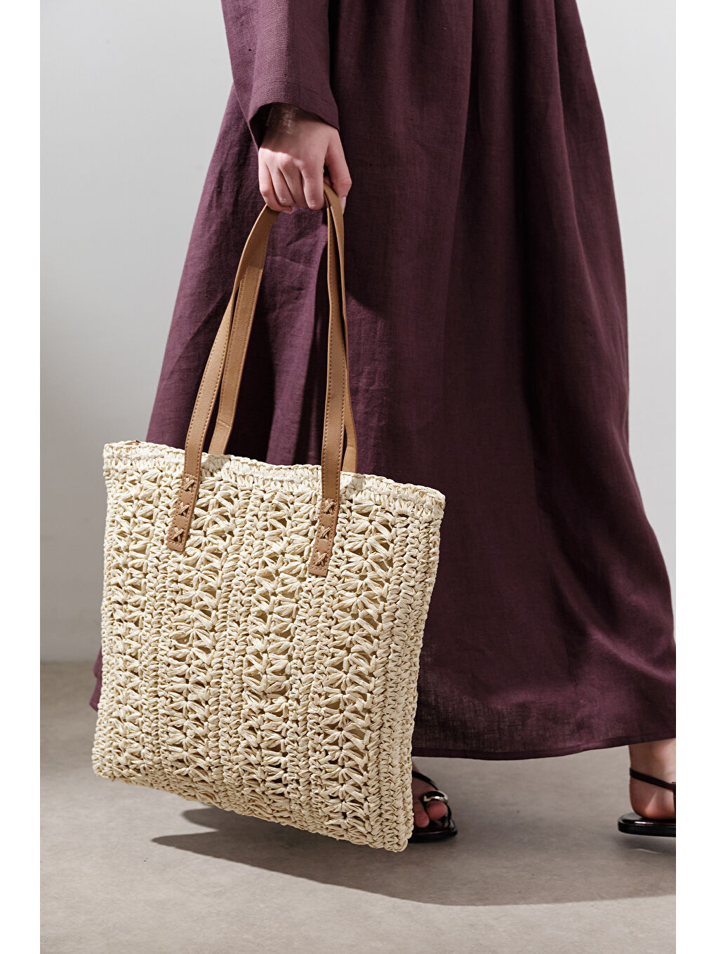 Desenli Hasır Omuz Çantası Bej-1