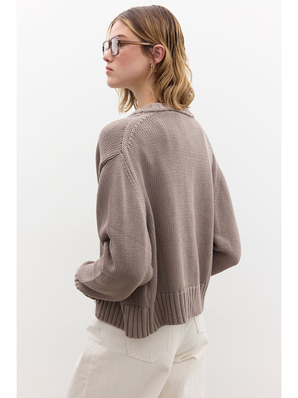 Bej Pamuklu Triko Hırka Vizon-6