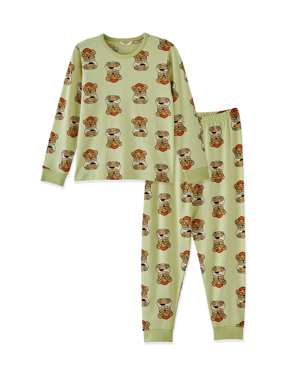Kız Çocuk Yeşil Renkli Teddy Desenli Pijama Takımı-3