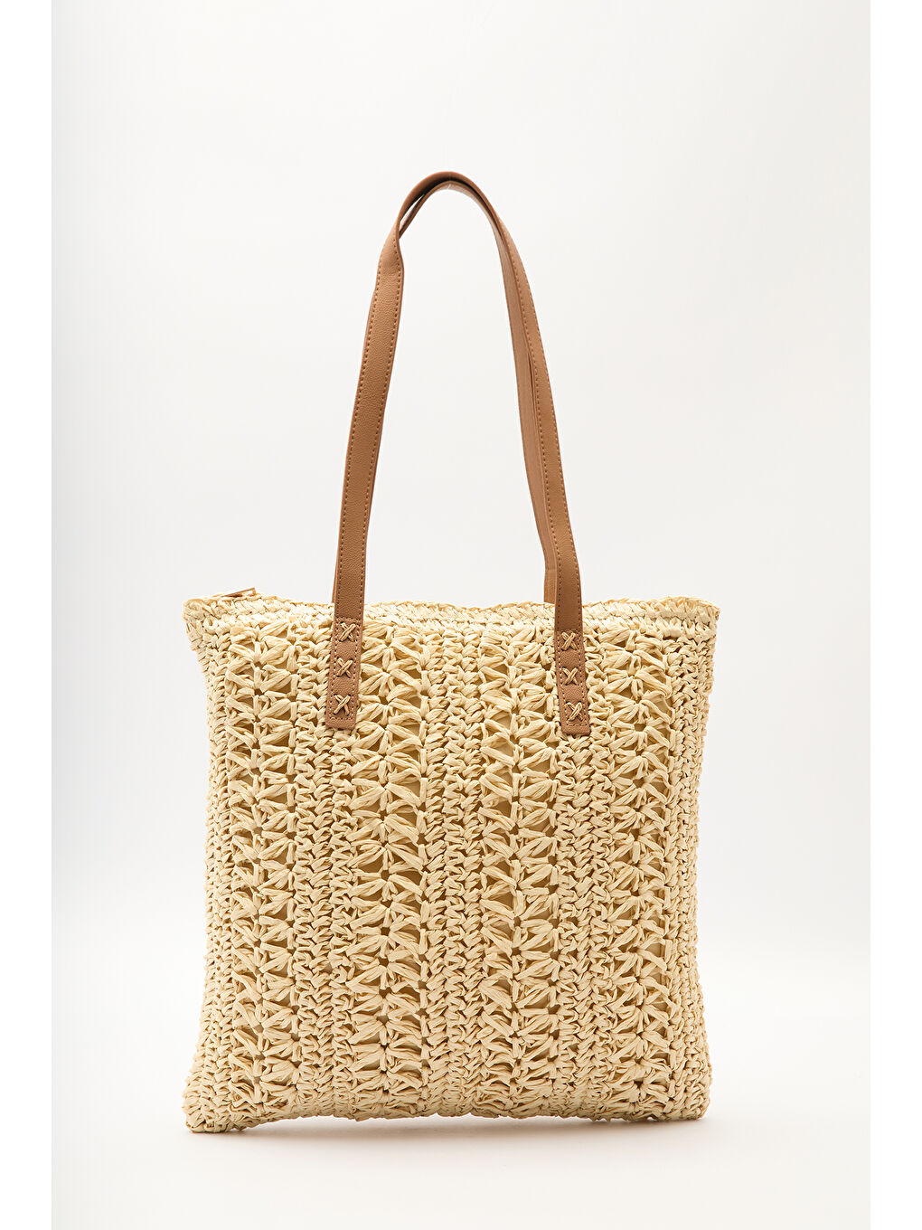 Desenli Hasır Omuz Çantası Bej-2