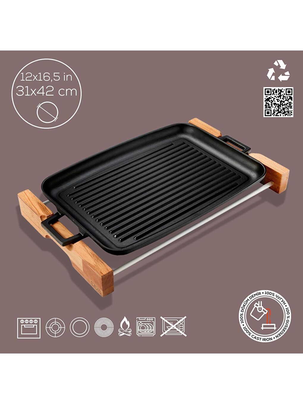 Siyah Dikdörtgen Izgara Tepsi Kayın Servis Ahşabı Döküm Demir Yekpare Çift Kulplu Ölçü 31x42cm.-3