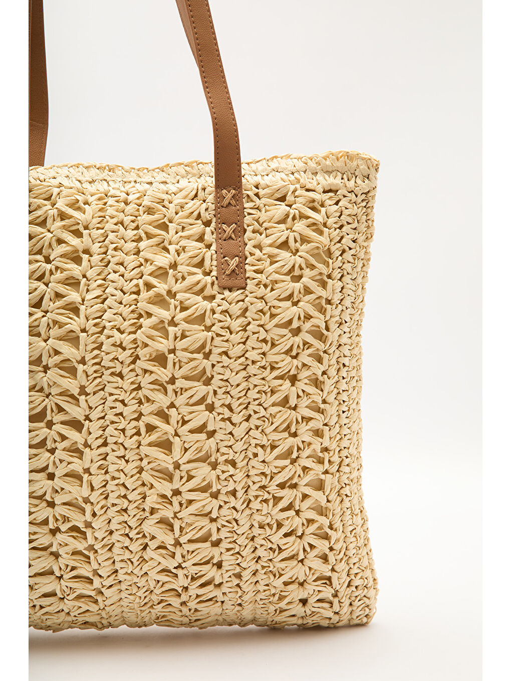 Desenli Hasır Omuz Çantası Bej-3