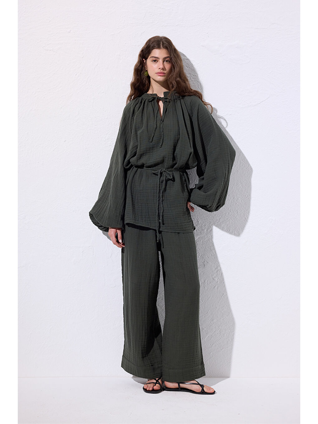 Müslin Bağlamalı Bluz Koyu Yeşil