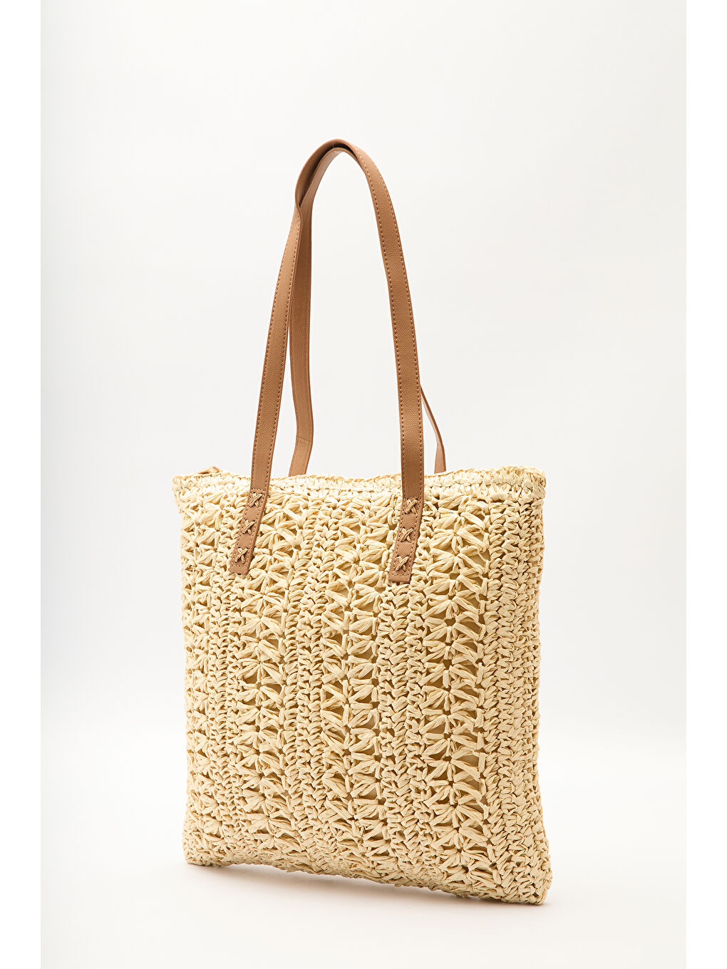 Desenli Hasır Omuz Çantası Bej-4