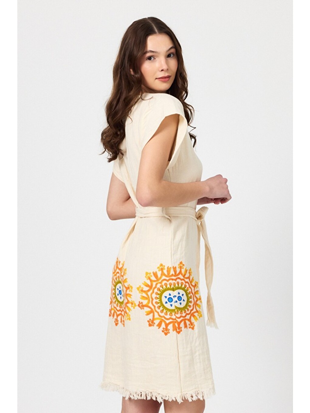 Sarı Müslin Kadın Plaj Elbisesi Kolsuz %100 Pamuk-5