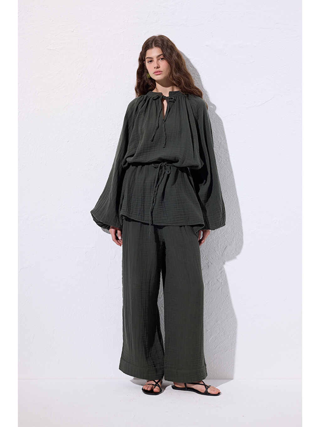 Müslin Bağlamalı Bluz Koyu Yeşil-1