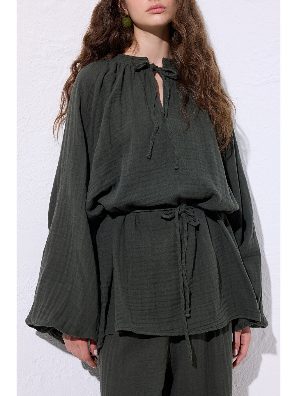 Müslin Bağlamalı Bluz Koyu Yeşil-3
