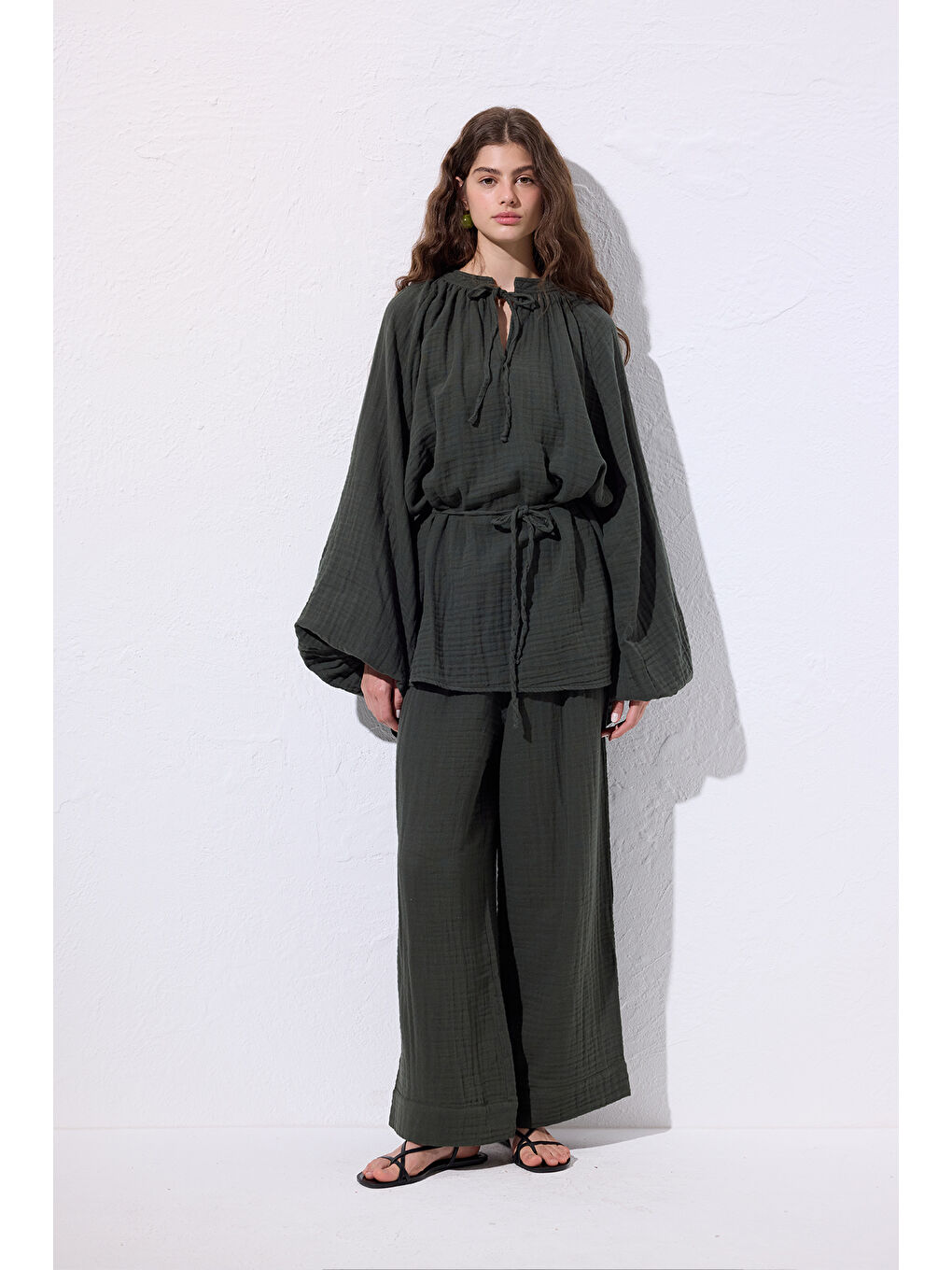 Müslin Bağlamalı Bluz Koyu Yeşil-4