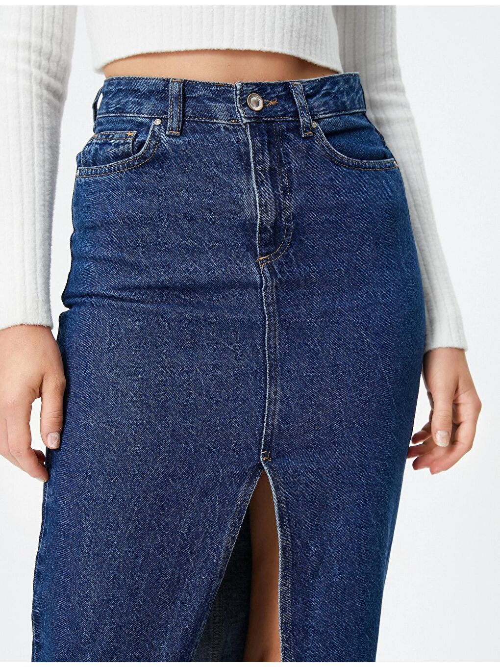 Kadın Mavi Elastanlı Yırtmaçlı Jean Etek-2