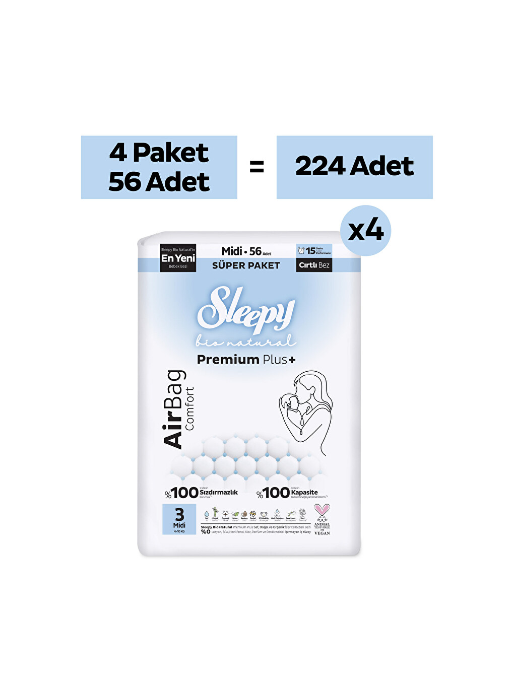 Bio Natural Premium Plus Airbag Comfort Ultra Paket Bebek Bezi 3 Numara Midi 224 Adet-1