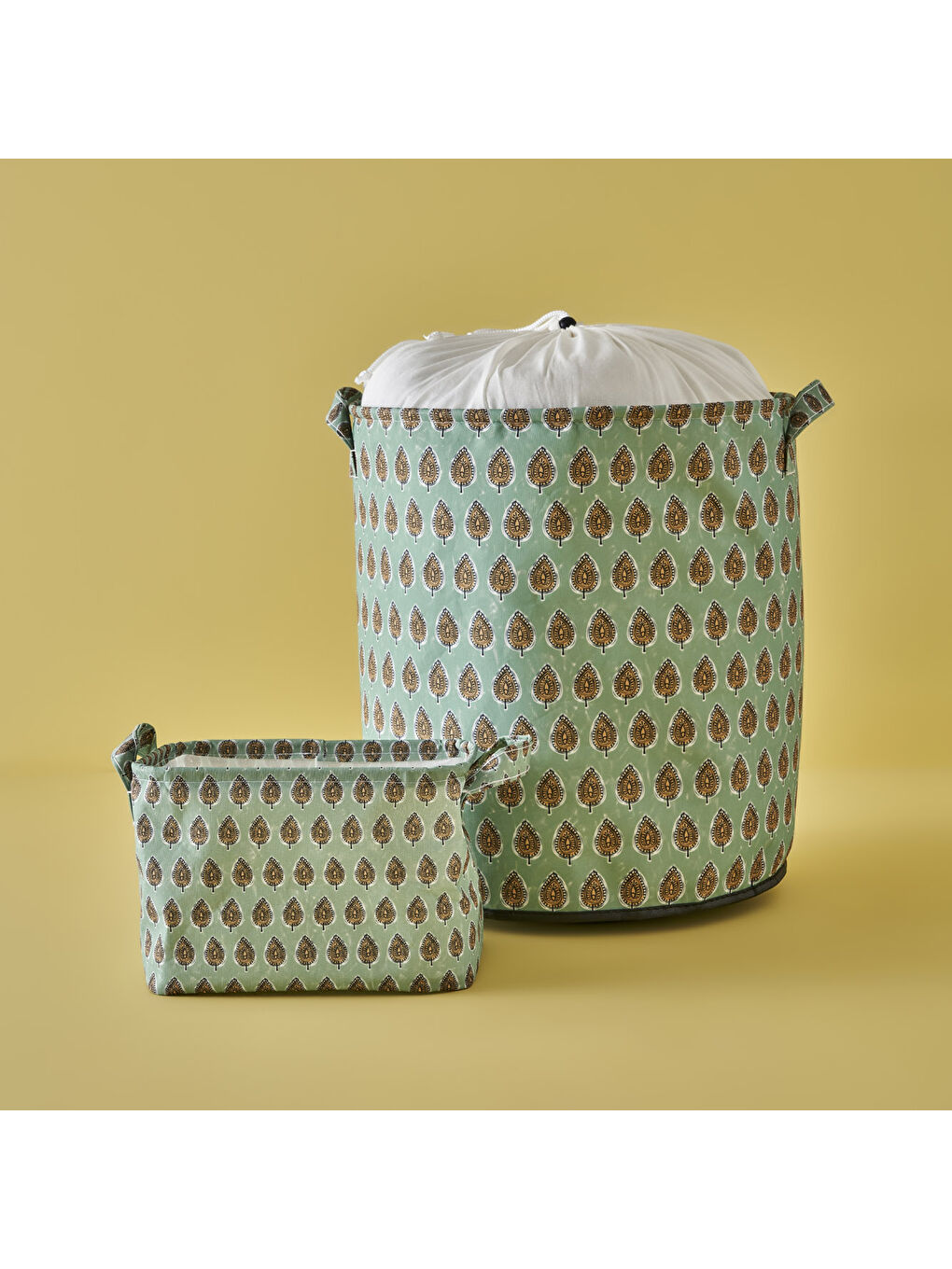 Indian Ağzı Büzgülü Çamaşır Sepeti Yeşil (36x40 cm) - Organizer Hediyeli