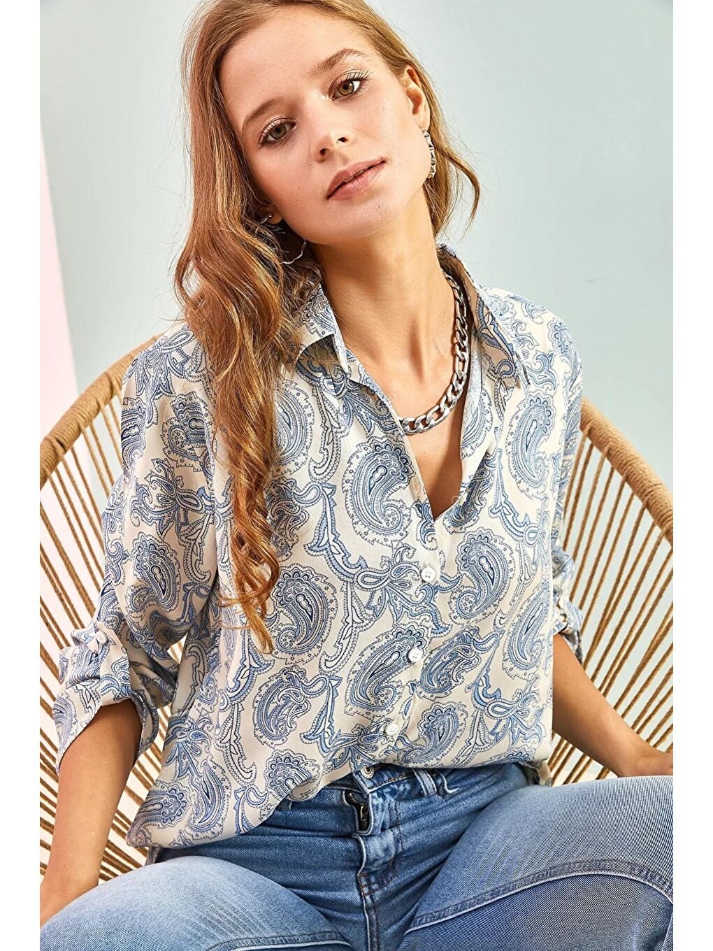 Turkuaz Kadın Multi Yaprak Desenli Kol Katlamalı Viskon Gömlek-2