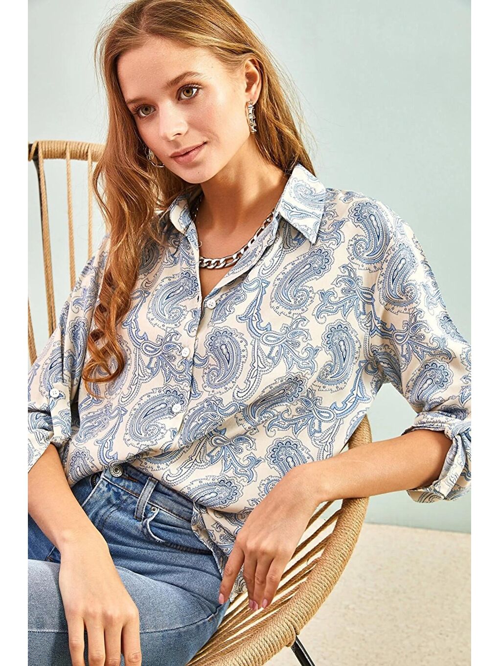 Turkuaz Kadın Multi Yaprak Desenli Kol Katlamalı Viskon Gömlek-3