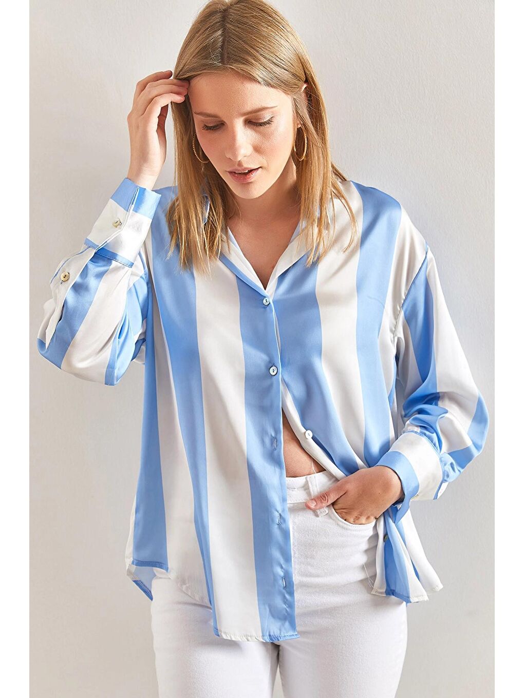 Mavi Kadın Kalın Çizgili Saten Gömlek
