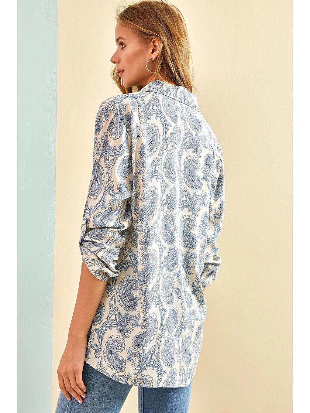 Turkuaz Kadın Multi Yaprak Desenli Kol Katlamalı Viskon Gömlek-4