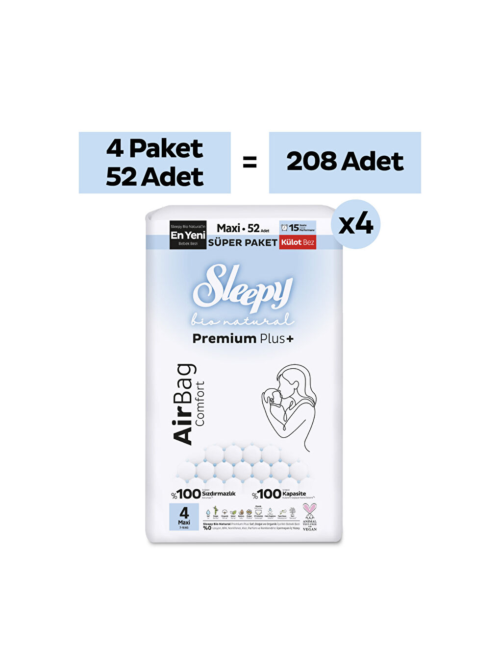 Bio Natural Premium Plus Airbag Comfort Ultra Paket Külot Bez 4 Numara Maxi 208 Adet-1