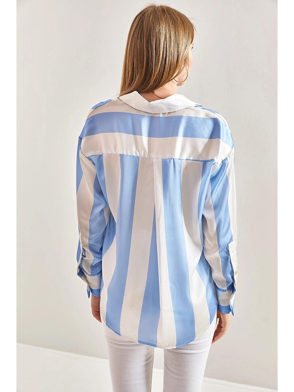 Mavi Kadın Kalın Çizgili Saten Gömlek-2