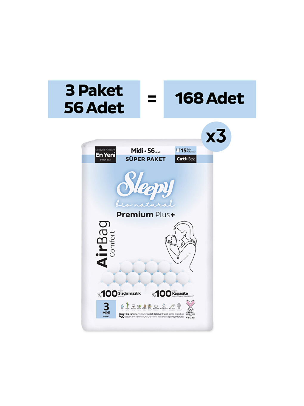 Bio Natural Premium Plus Airbag Comfort Mega Paket Bebek Bezi 3 Numara Midi 168 Adet-1