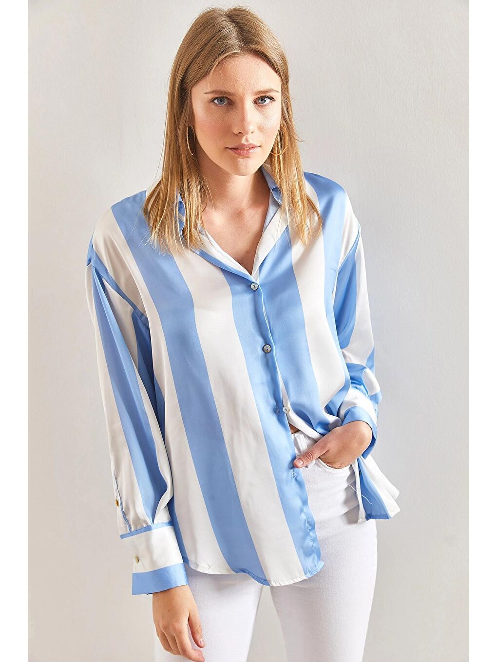 Mavi Kadın Kalın Çizgili Saten Gömlek-3