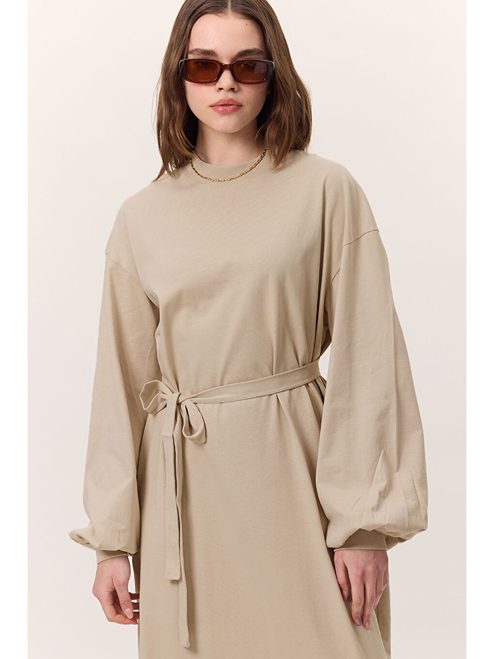 Bej Balon Kollu Uzun Rahat Elbise Taş-1