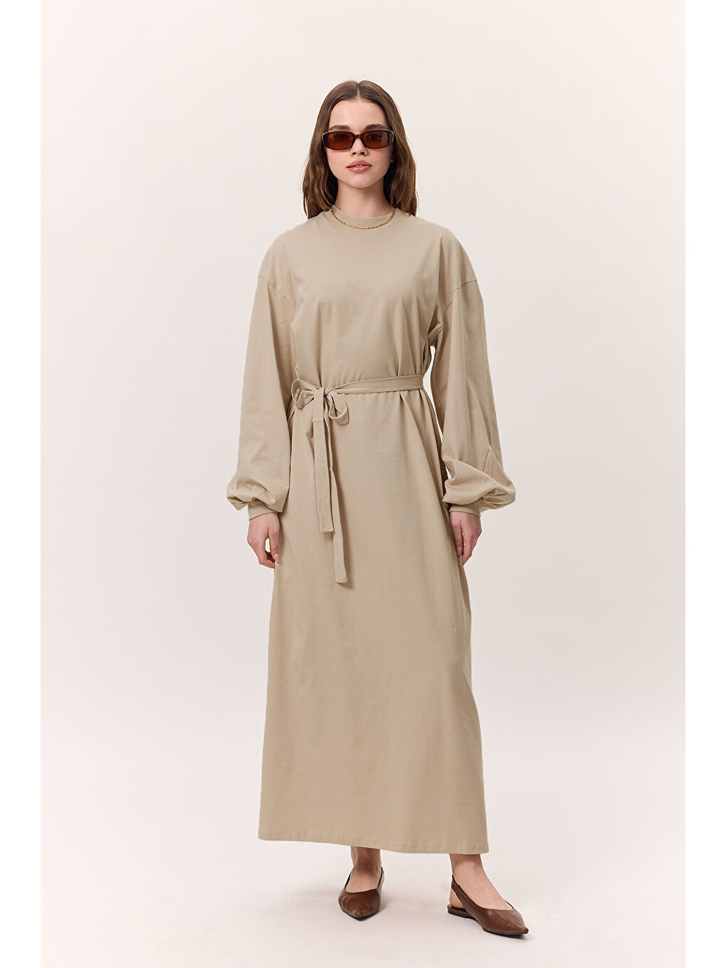 Bej Balon Kollu Uzun Rahat Elbise Taş-2