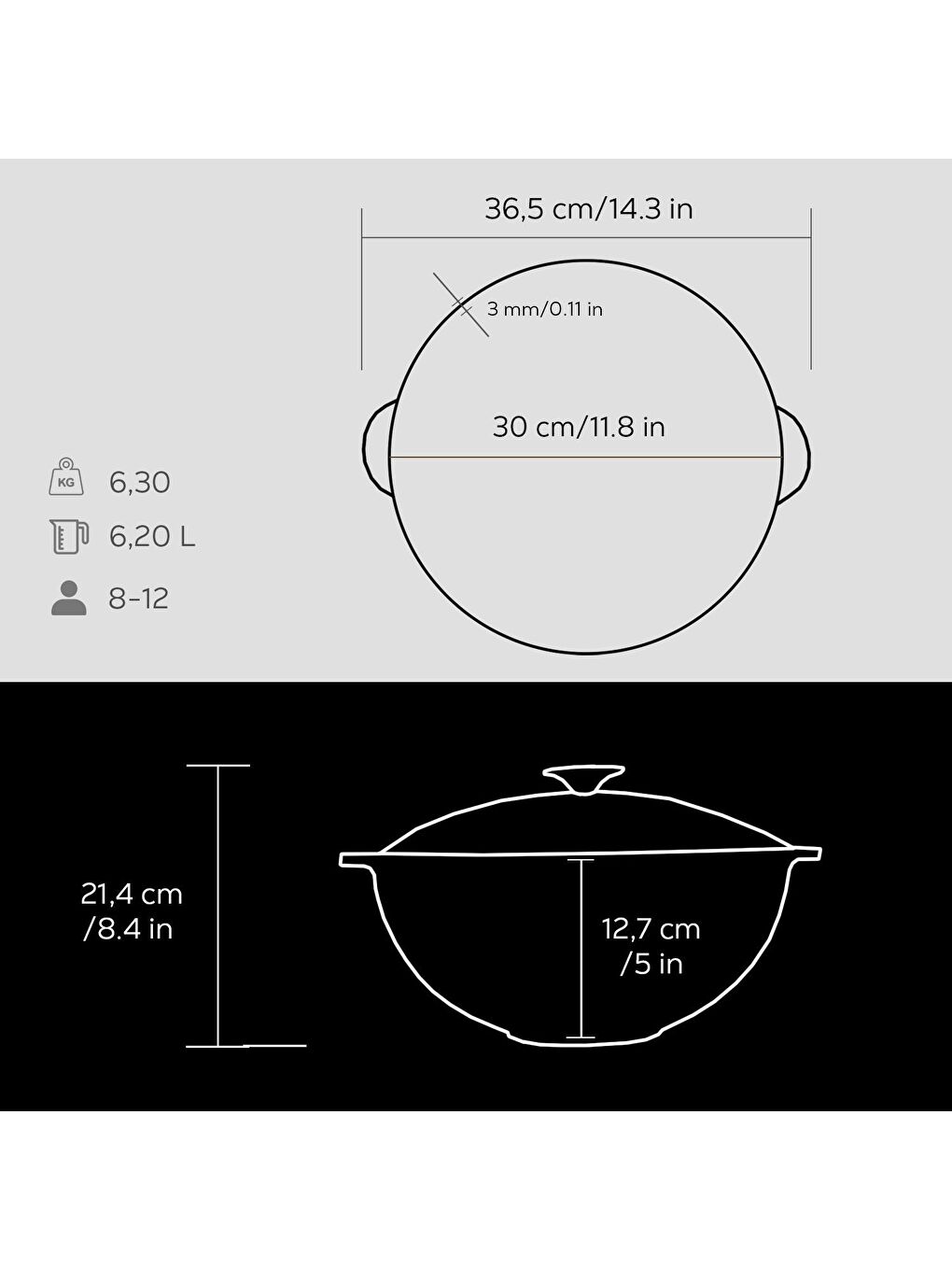 LAVA Siyah Yuvarlak Cam Kapaklı Kazan / Tencere. Döküm Demir Yekpare Kulplu Çap(Ø)30 cm. - 3