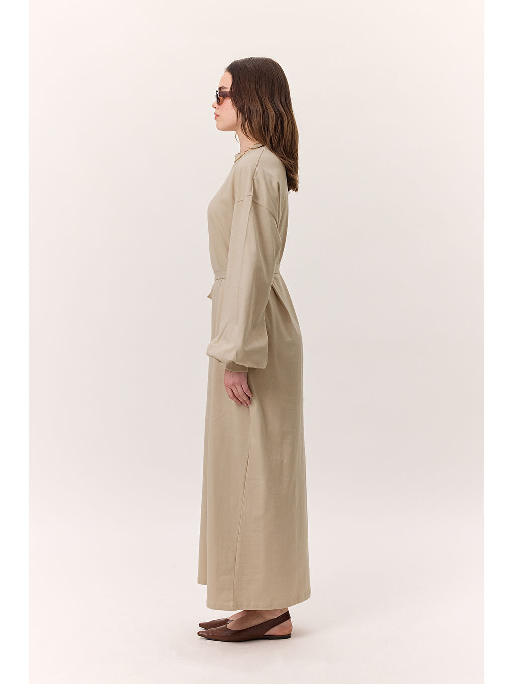Bej Balon Kollu Uzun Rahat Elbise Taş-4