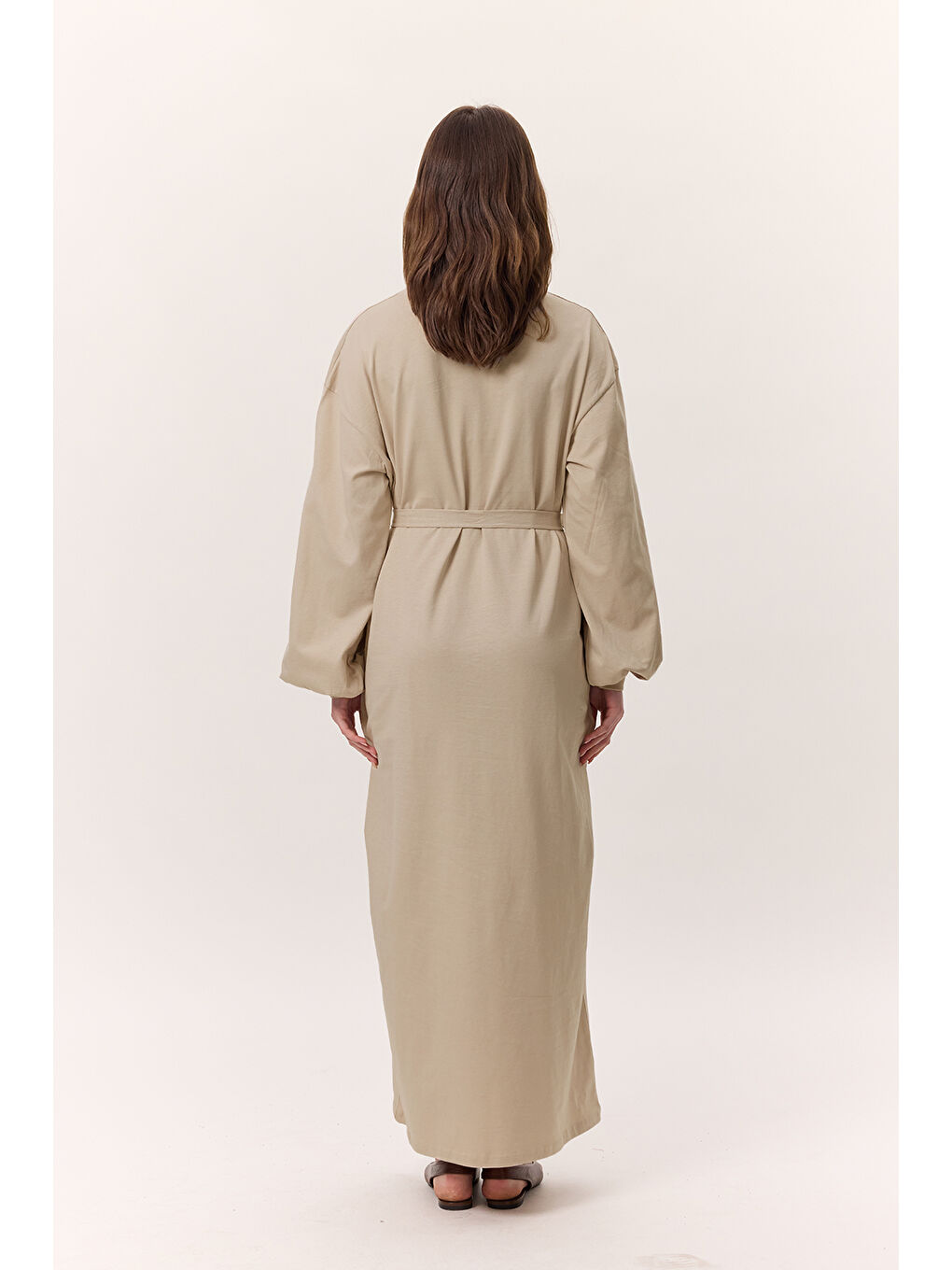 Bej Balon Kollu Uzun Rahat Elbise Taş-5