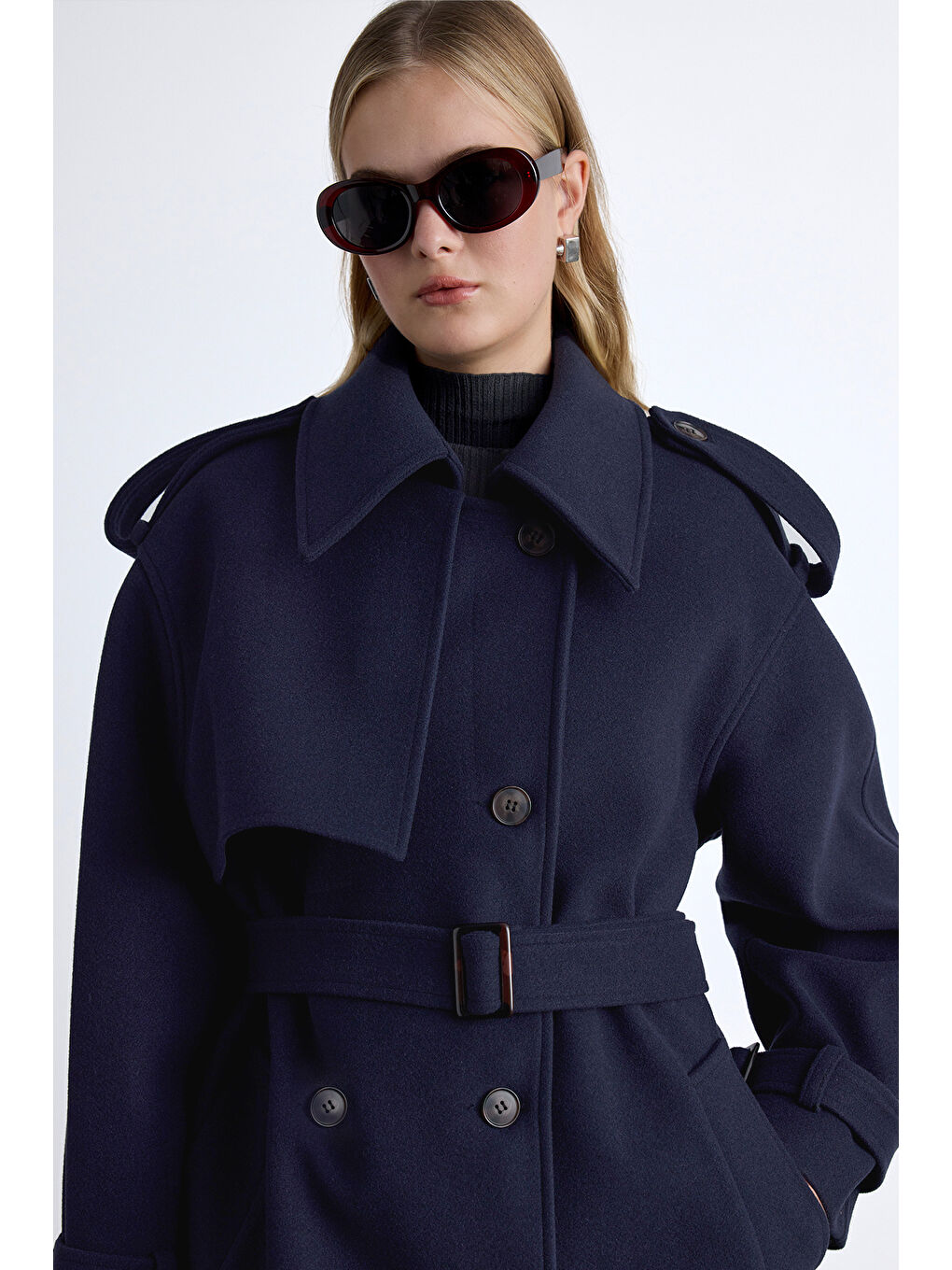 Apolet Detaylı Kaşe Kaban Lacivert-3