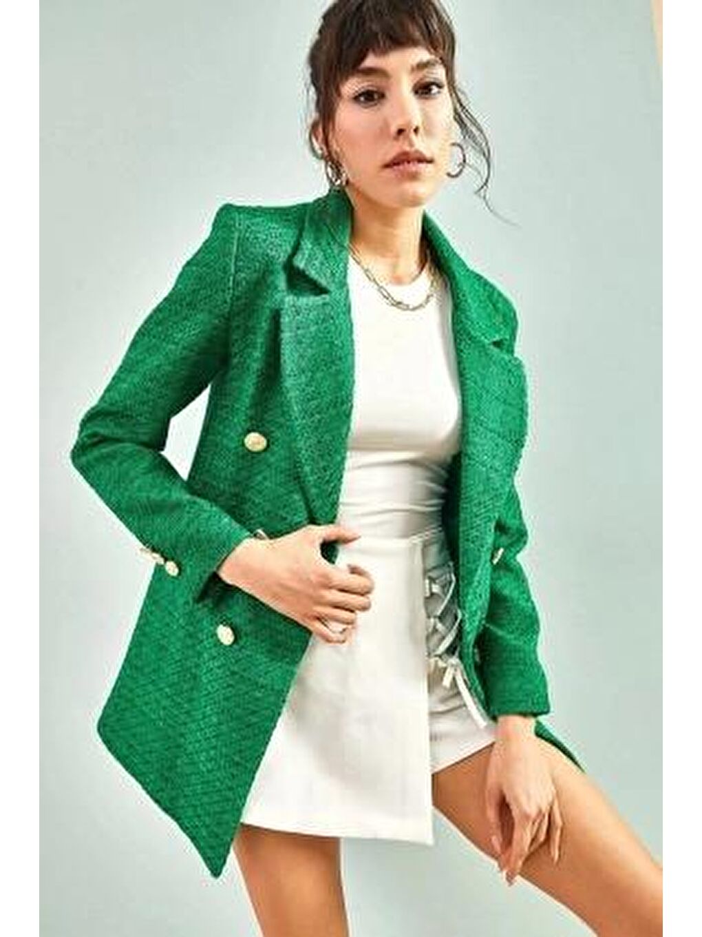 Yeşil Kadın Desenli Düğmeli Ceket-2