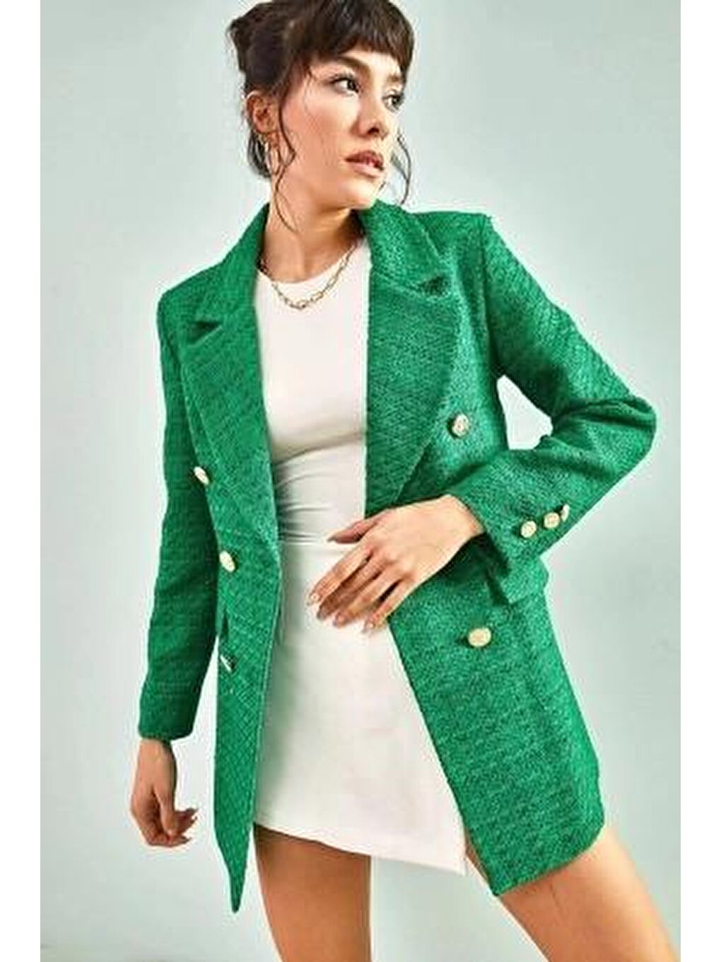 Yeşil Kadın Desenli Düğmeli Ceket-3