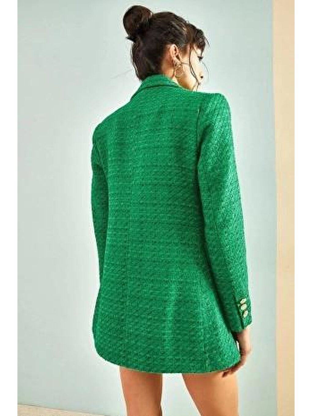 Yeşil Kadın Desenli Düğmeli Ceket-4