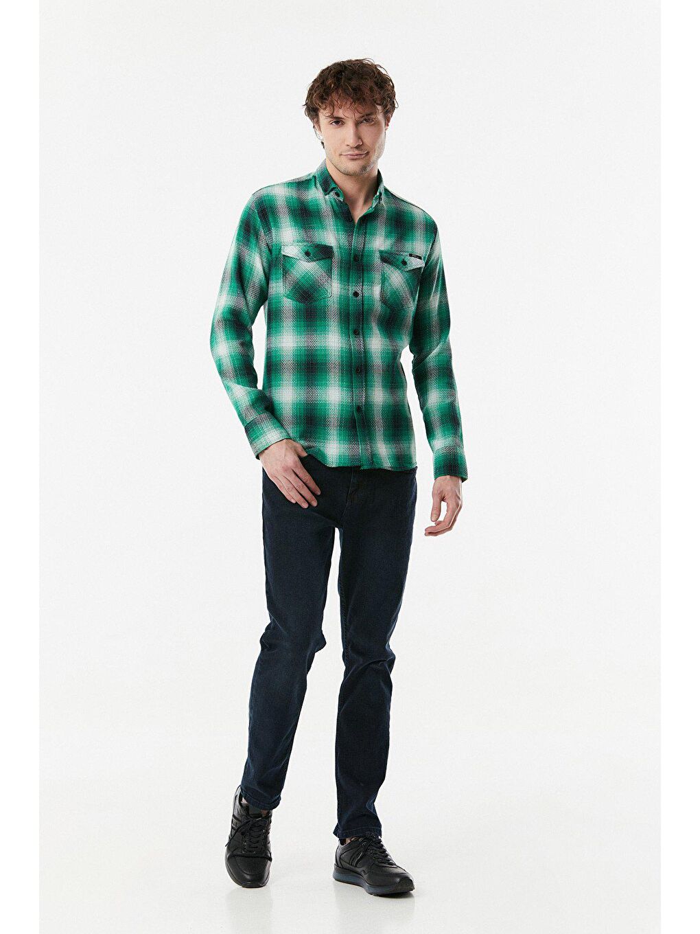 Yeşil Ekose Desenli Çift Cepli Gömlek-1