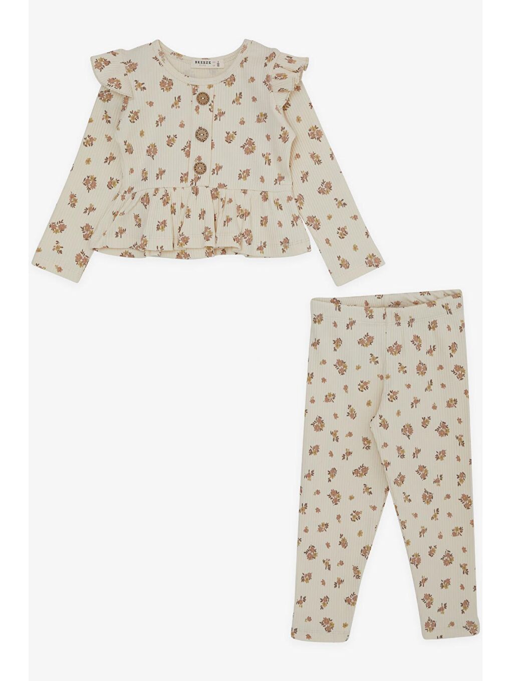 Ekru Kız Bebek Taytlı Takım Çiçekli Düğme Aksesuarlı Krem (2-6 Yaş)