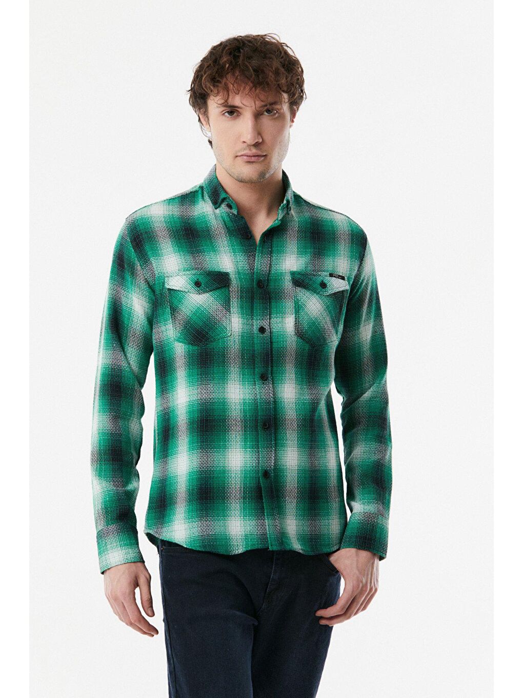 Yeşil Ekose Desenli Çift Cepli Gömlek-2