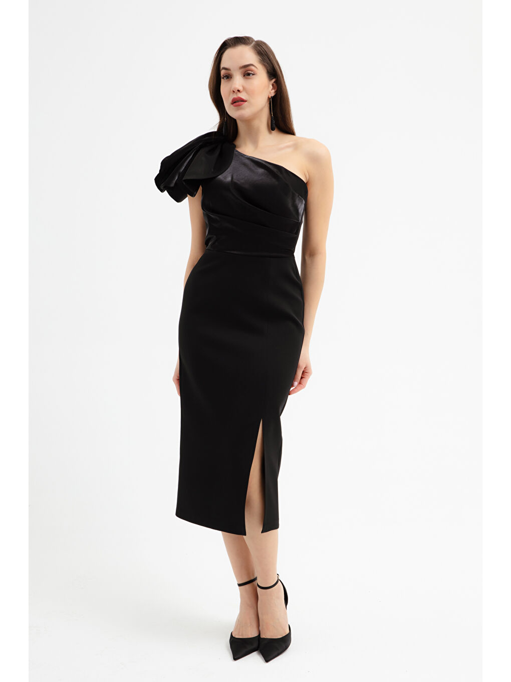 Kadın Siyah Organze Detay Midi Söz Nişan Nikah Abiye Elbise-1