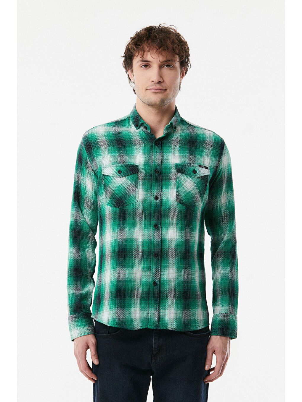 Yeşil Ekose Desenli Çift Cepli Gömlek-4