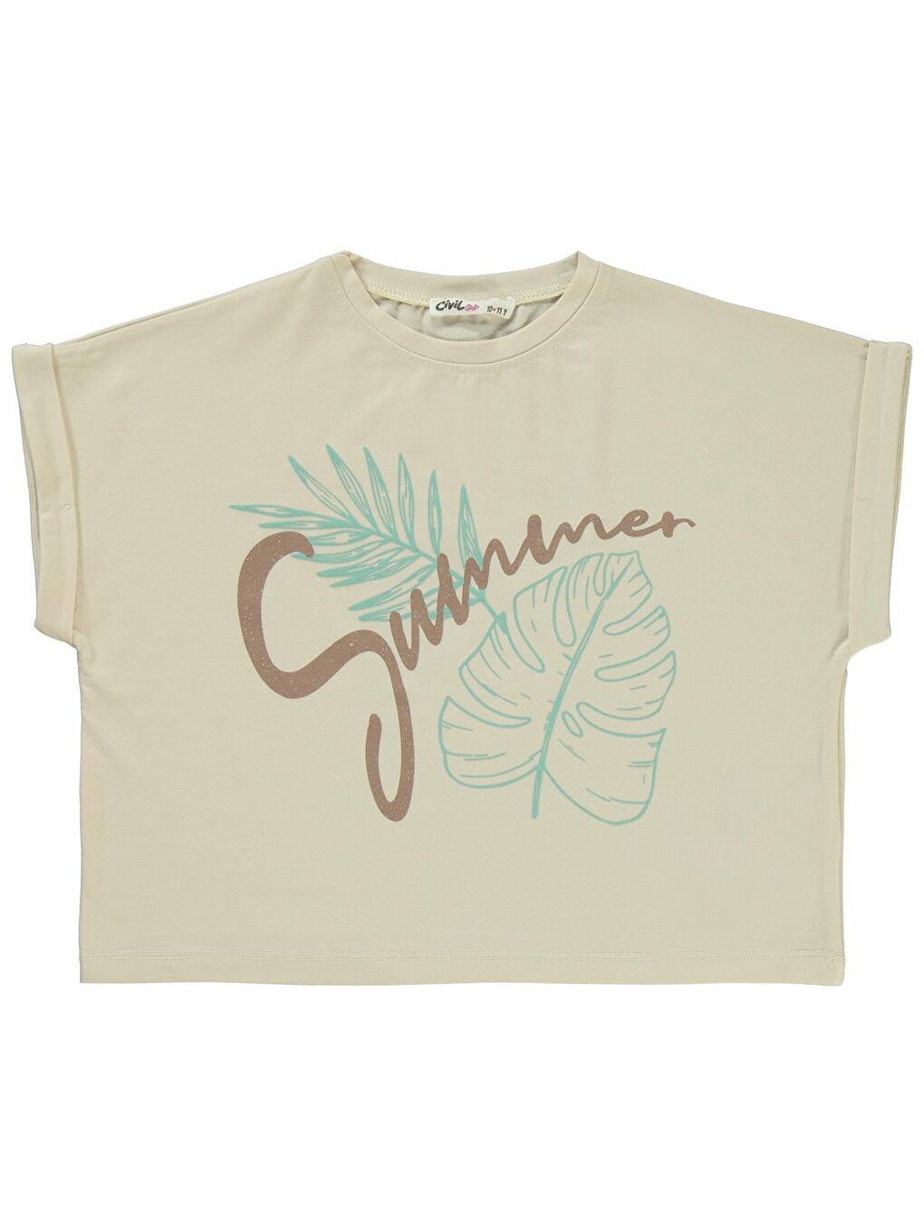 Girls Summer Baskılı 10-13 Yaş Tişört - Bej 10-11 Yaş