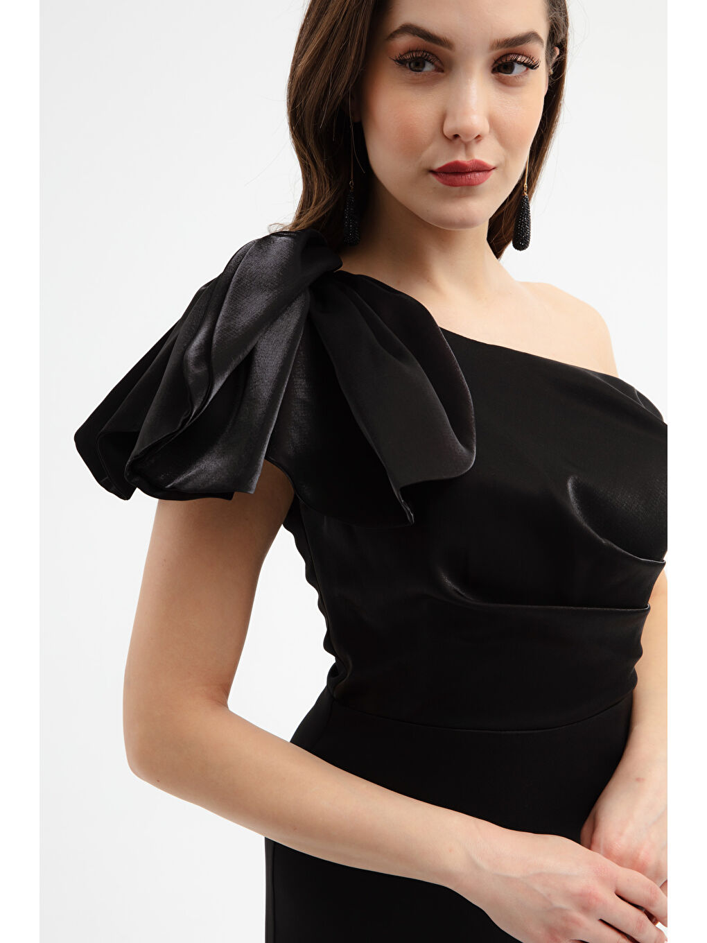 Kadın Siyah Organze Detay Midi Söz Nişan Nikah Abiye Elbise-2