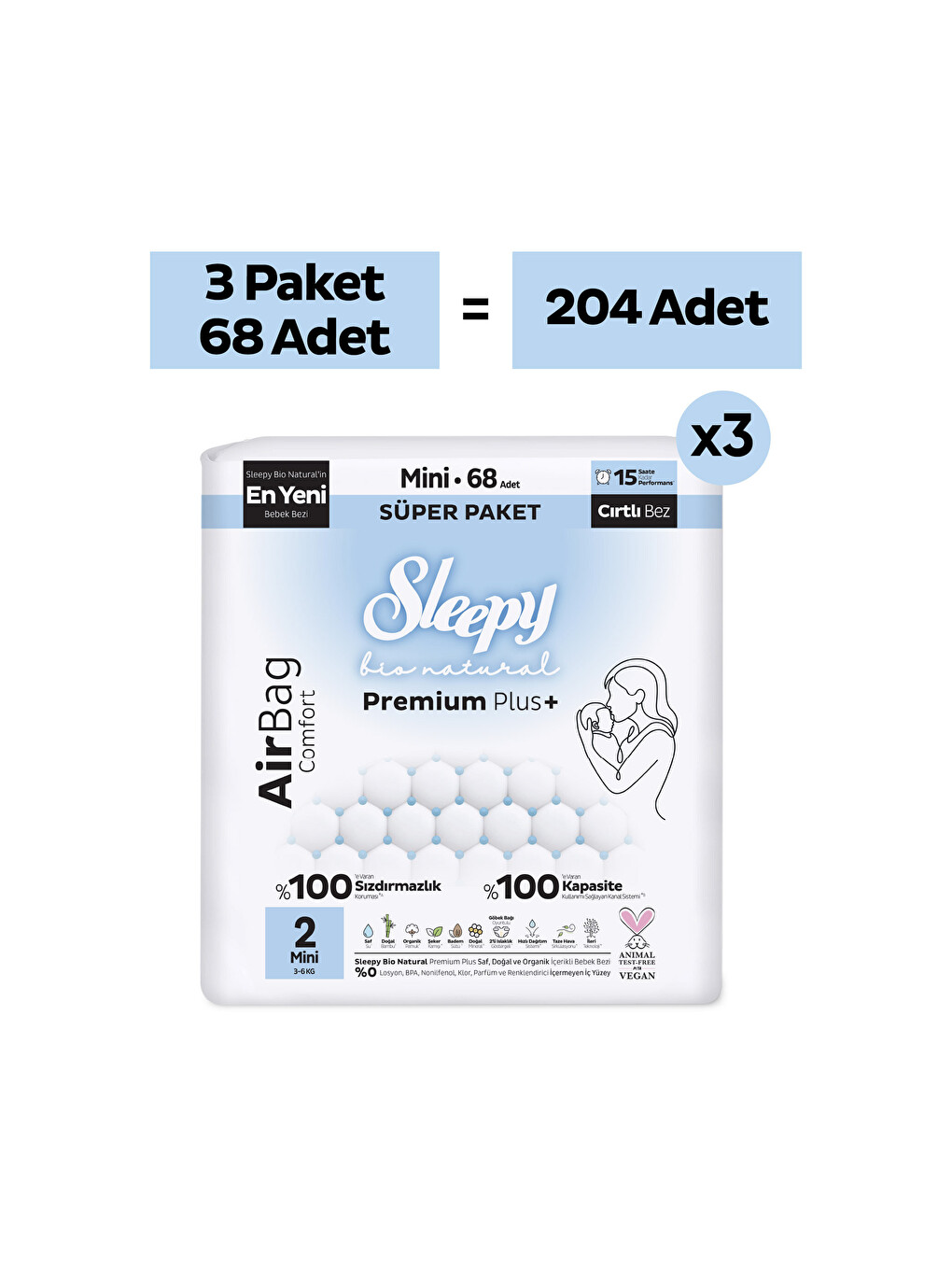 Bio Natural Premium Plus Airbag Comfort Mega Paket Bebek Bezi 2 Numara Mini 204 Adet-1