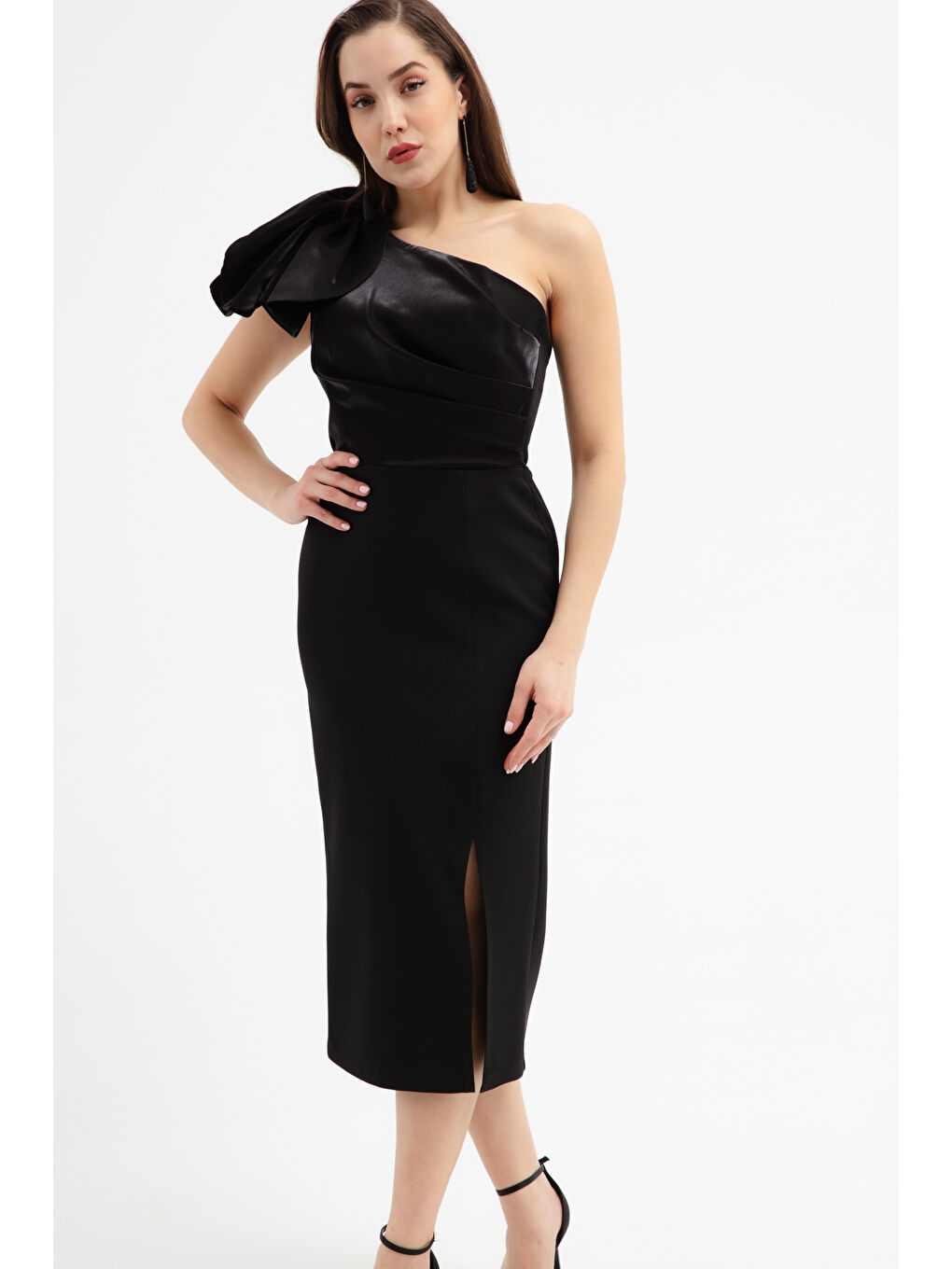 Kadın Siyah Organze Detay Midi Söz Nişan Nikah Abiye Elbise-3