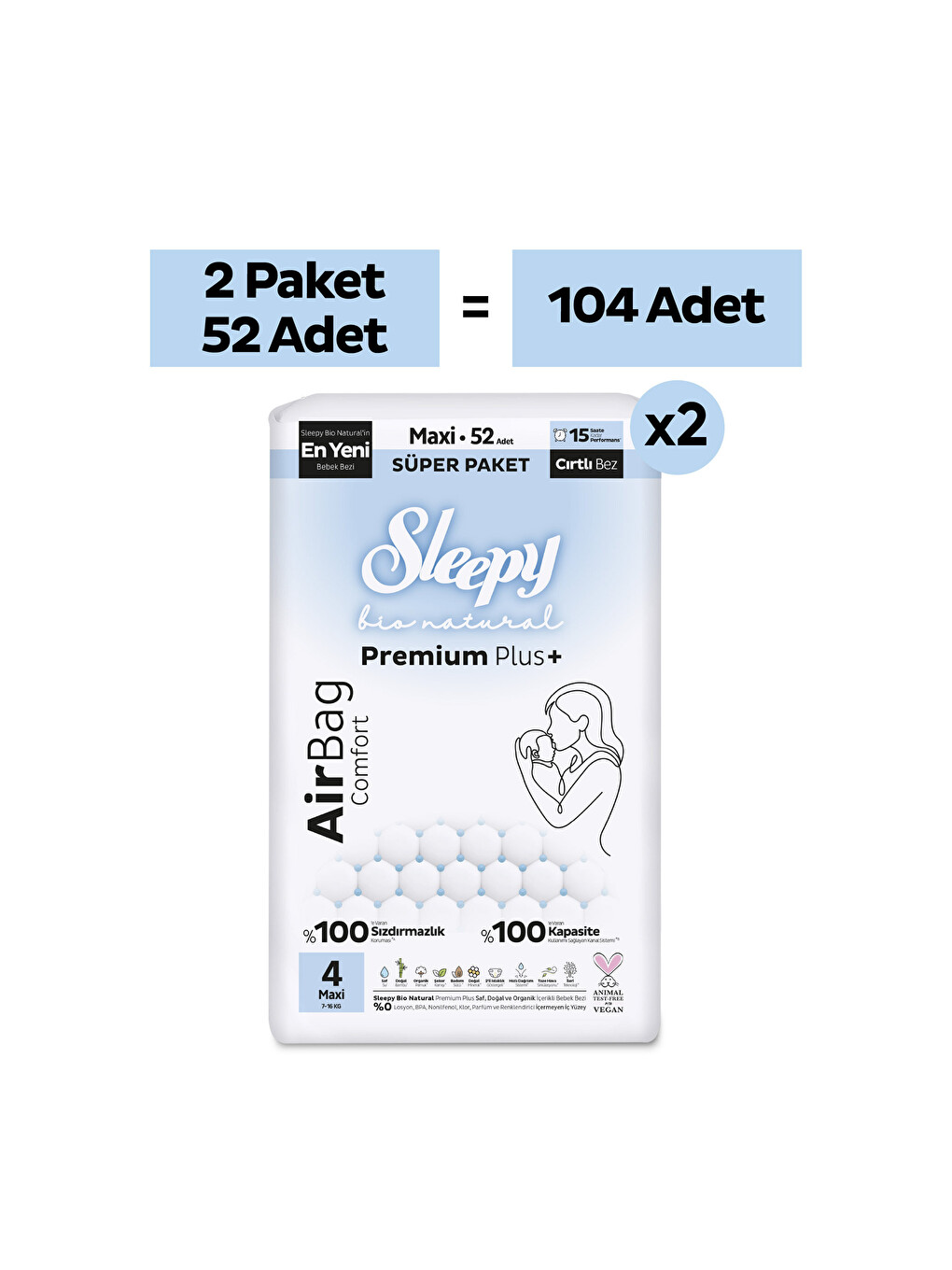 Bio Natural Premium Plus Airbag Comfort Avantaj Paketi Bebek Bezi 4 Numara Maxi 104 Adet-1