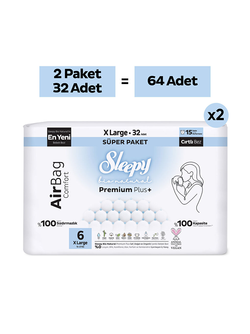 Bio Natural Premium Plus Airbag Comfort Avantaj Paketi Bebek Bezi 6 Numara Xlarge 64 Adet-1