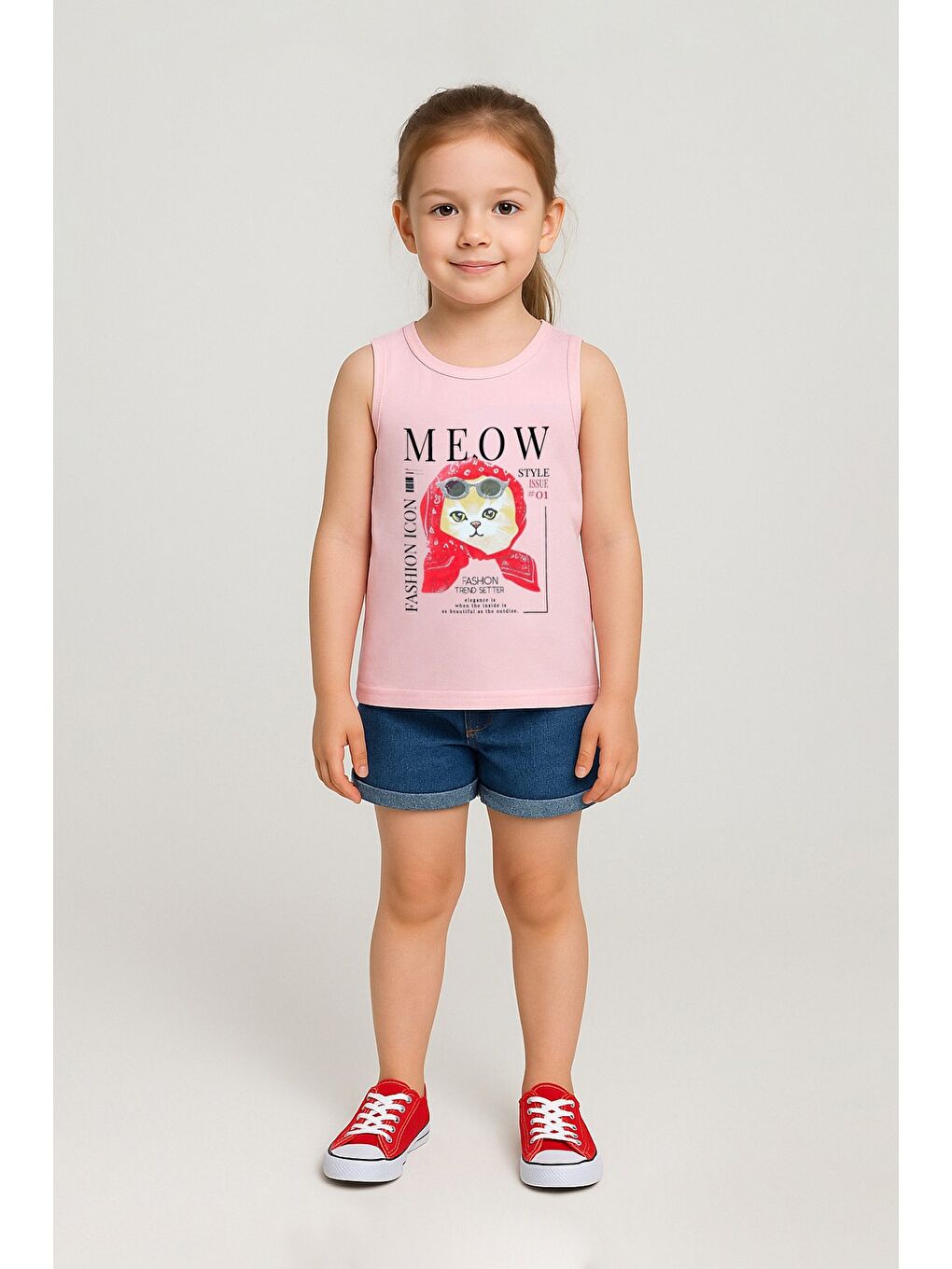 Pembe %100 Pamuk Kedi Baskılı Kalın Askılı Kız Çocuk Tişört