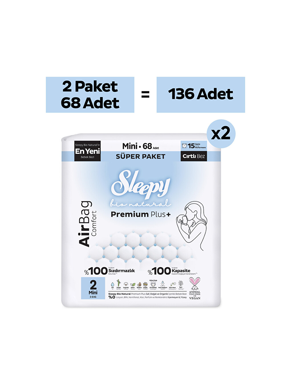 Bio Natural Premium Plus Airbag Comfort Avantaj Paketi Bebek Bezi 2 Numara Mini 136 Adet-1