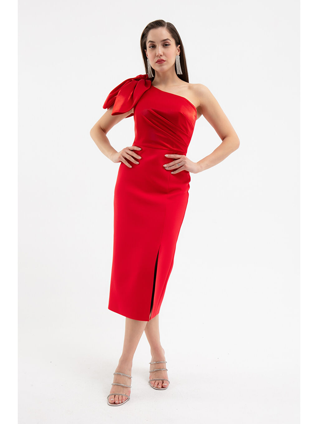 Kadın Kırmızı Organze Detay Midi Söz Nişan Nikah Abiye Elbise-1