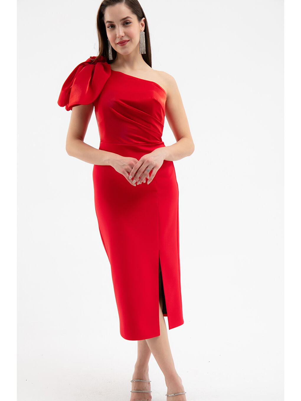 Kadın Kırmızı Organze Detay Midi Söz Nişan Nikah Abiye Elbise-2